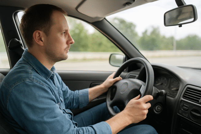 Mężczyzna prowadzący samochód, trzymający kierownicę obu rękami i skupiony na jeździe.