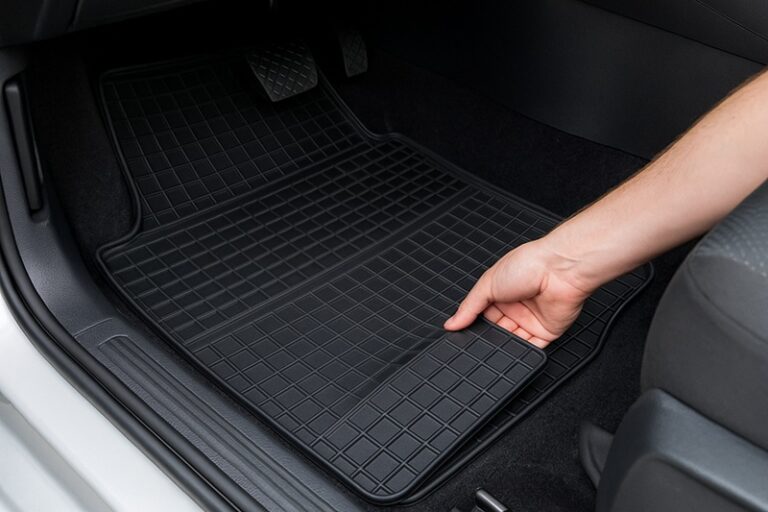 Montaż gumowego dywanika do samochodu w przedniej części wnętrza auta