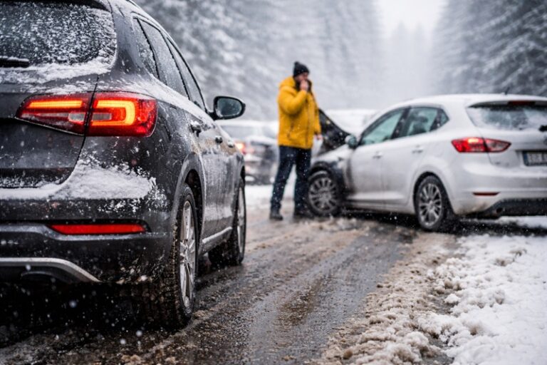 Kolizja samochodów na zaśnieżonej i śliskiej drodze podczas intensywnych opadów śniegu, z widocznymi pojazdami i uczestnikami zdarzenia