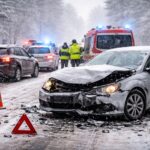 Zima na drogach – kolizja kilku samochodów na zaśnieżonej jezdni, trudne warunki pogodowe i ograniczona widoczność
