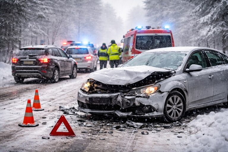 Zima na drogach – kolizja kilku samochodów na zaśnieżonej jezdni, trudne warunki pogodowe i ograniczona widoczność