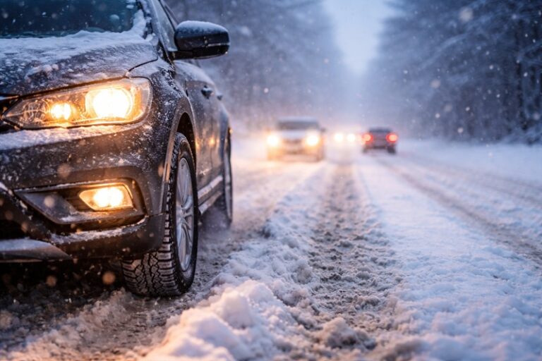 Bezpieczeństwo ruchu drogowego zimą – samochód jadący po zaśnieżonej drodze w trudnych warunkach pogodowych
