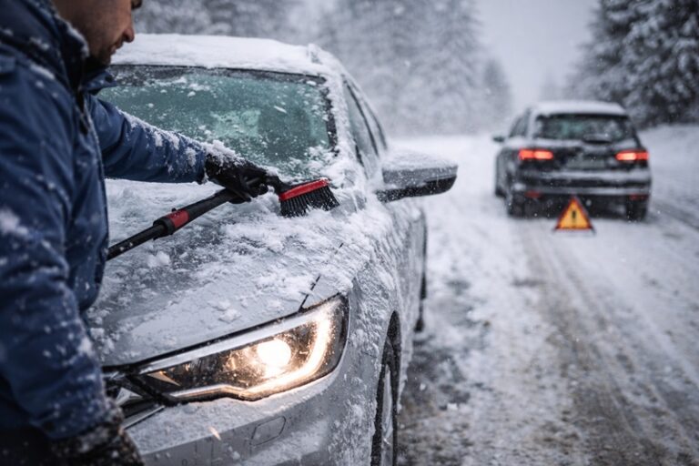 Błędy kierowców zimą widoczne podczas jazdy samochodem na zaśnieżonej drodze