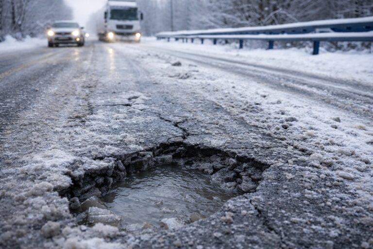 uszkodzona zimą nawierzchnia drogowa z pęknięciami asfaltu i śniegiem spowodowana mrozem