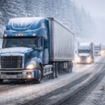 Transport drogowy zimą, kolumna ciężarówek jadących przez zaśnieżoną drogę leśną w trudnych warunkach pogodowych