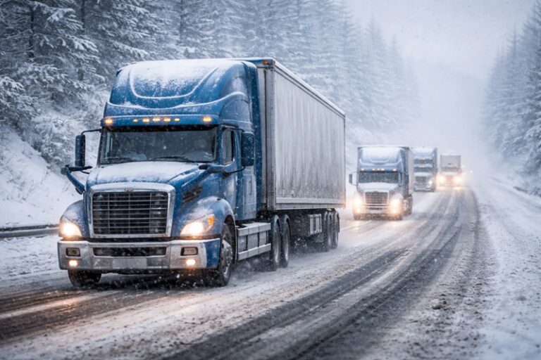 Transport drogowy zimą, kolumna ciężarówek jadących przez zaśnieżoną drogę leśną w trudnych warunkach pogodowych