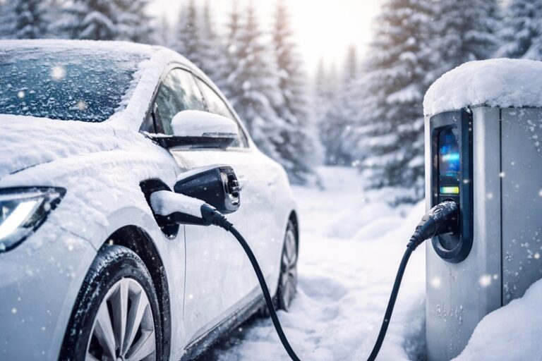 samochody elektryczne zimą ładowanie auta elektrycznego na śniegu przy stacji