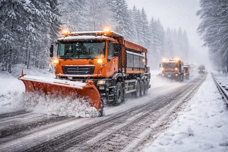 służby drogowe zimą pług śnieżny odśnieżający zasypaną drogę podczas intensywnych opadów śniegu