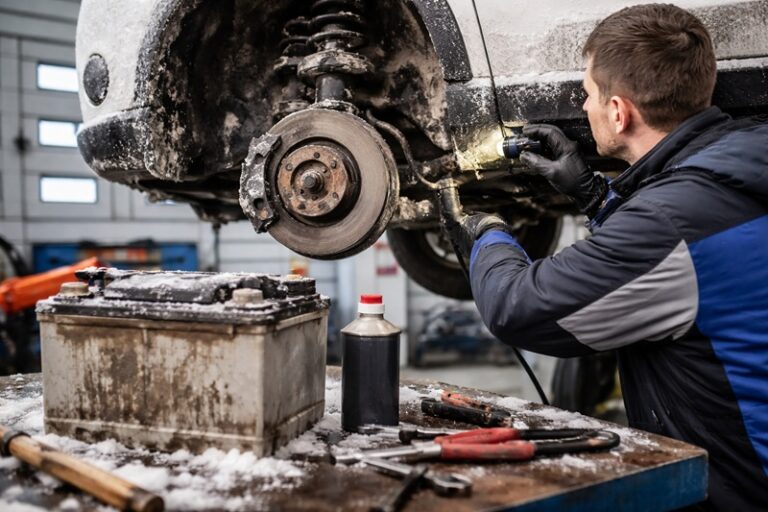 zima a zużycie pojazdów podczas kontroli zawieszenia i akumulatora w warsztacie