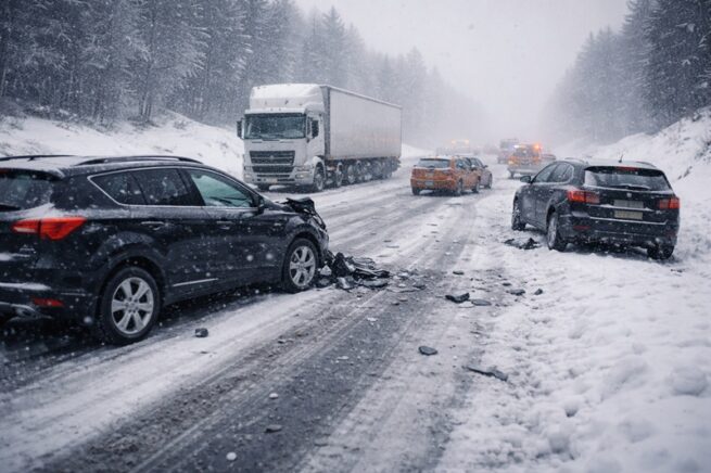 wypadki zimą na oblodzonej drodze krajowej podczas intensywnych opadów śniegu