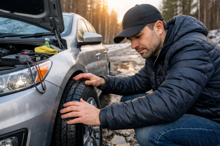Kierowca sprawdzający oponę i stan auta po zimie na drodze z dziurami